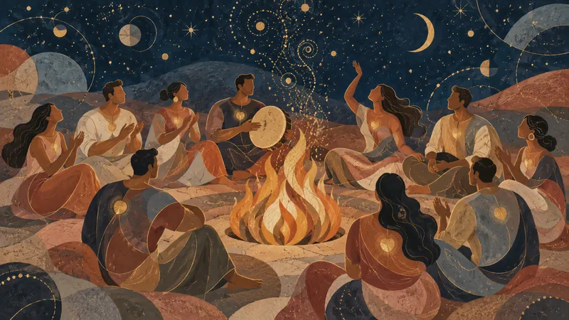 Illustration : un cercle autour d'un feu, un tambour, des étincelles qui montent dans la nuit étoilée